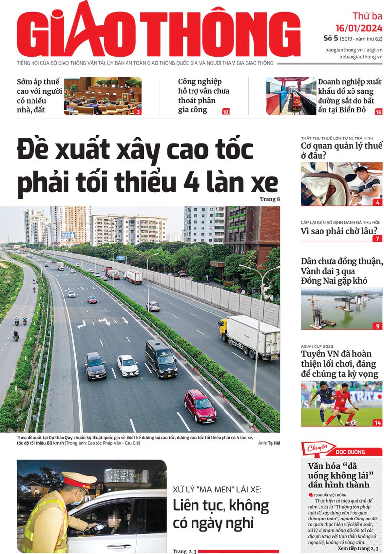 Trang nhất B&aacute;o Giao th&ocirc;ng số 5 ra ng&agrave;y 16/1/2024.