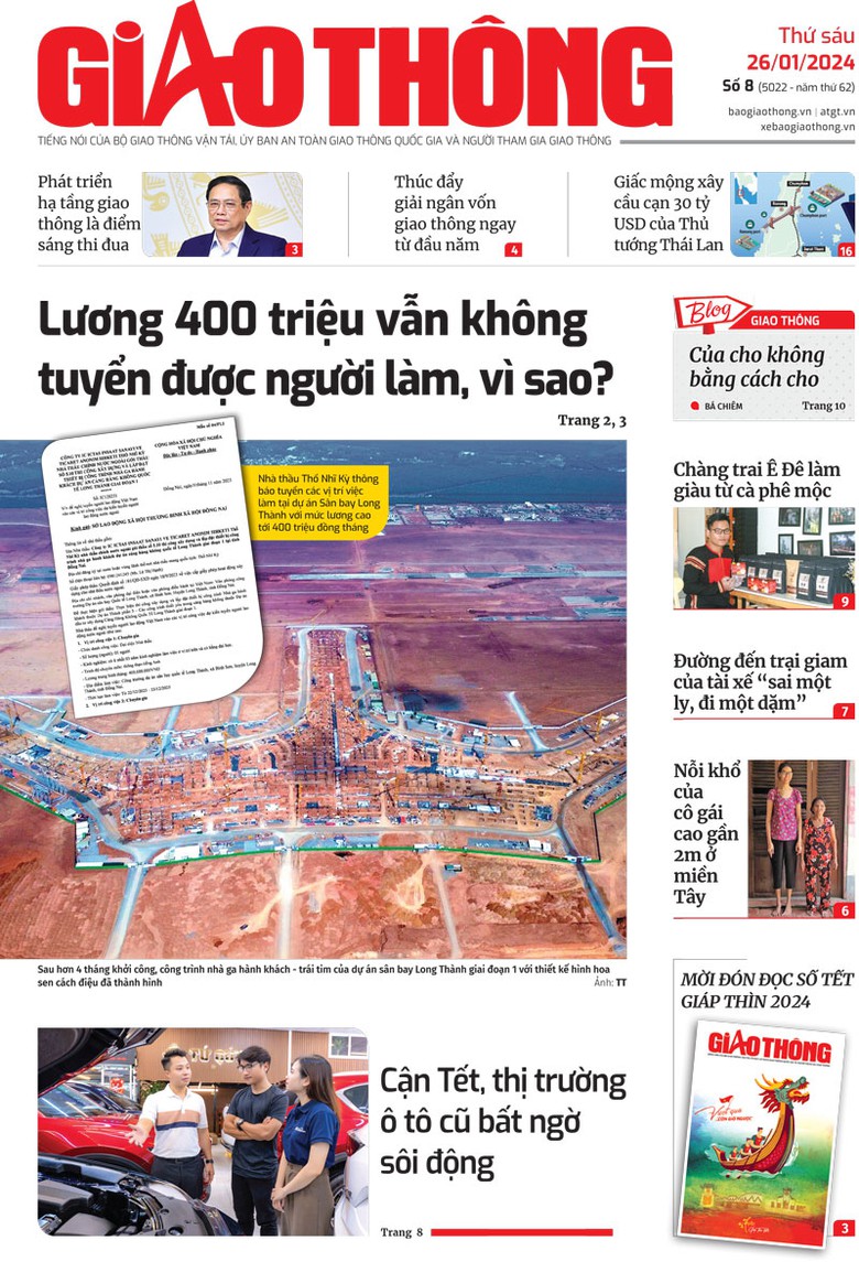 Trang nhất B&aacute;o Giao th&ocirc;ng số 8 ra ng&agrave;y 26/1/2024.
