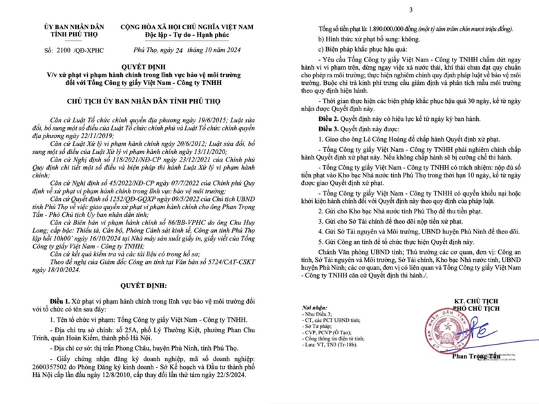 Ph&uacute; Thọ: Tổng c&ocirc;ng ty Giấy Việt Nam bị phạt gần 2 tỷ đồng- Ảnh 2.