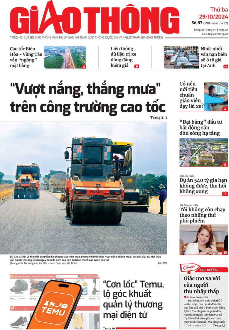 Trang nhất B&aacute;o Giao th&ocirc;ng số 87 ra ng&agrave;y 29/10/2024.