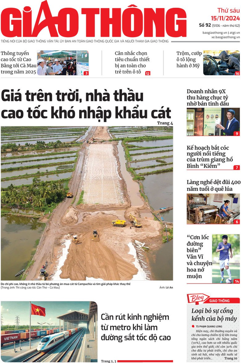Trang nhất B&aacute;o Giao th&ocirc;ng số 92 ra ng&agrave;y 15/11/2024.