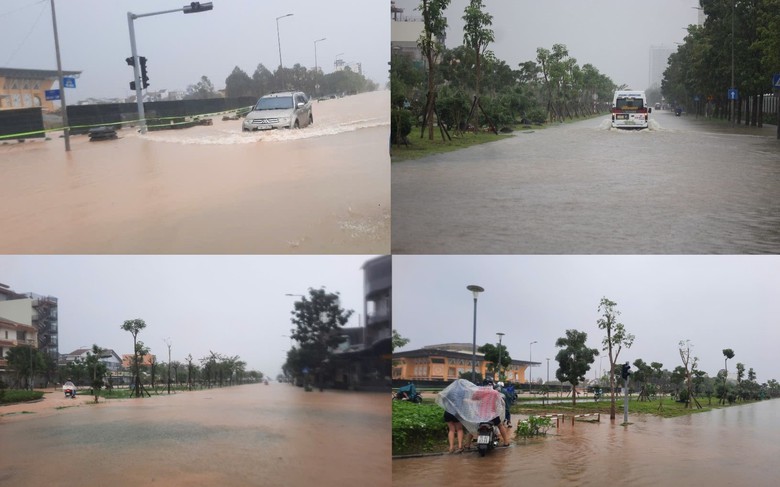 Nhiều tuyến đường TP Huế ngập s&acirc;u, người d&acirc;n b&igrave; b&otilde;m lội nước