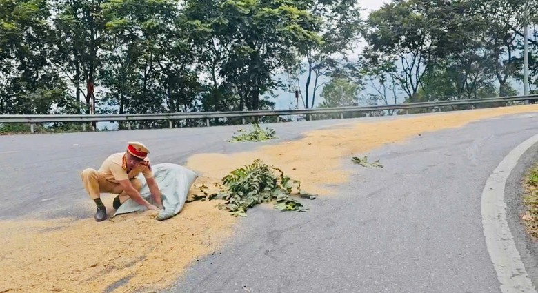 CSGT L&agrave;o Cai rải trấu chống trơn trượt do dầu loang tr&ecirc;n tuyến quốc lộ 4D- Ảnh 1.