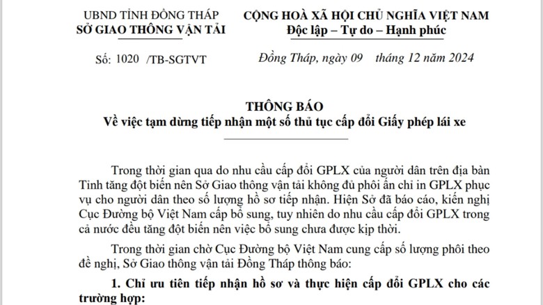 Đồng Th&aacute;p: Tạm ngưng tiếp nhận một số thủ tục cấp đổi giấy ph&eacute;p l&aacute;i xe- Ảnh 1.