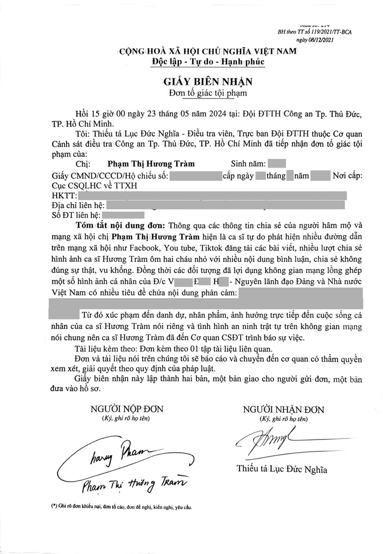 Hương Tràm viết gì trong đơn tố cáo gửi Công an thành phố Thủ Đức?- Ảnh 2. Hương Tràm viết gì trong đơn tố cáo gửi Công an thành phố Thủ Đức?- Ảnh 2.