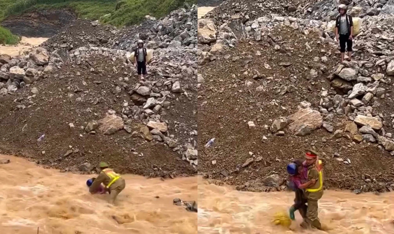 Khoảnh khắc thượng &uacute;y c&ocirc;ng an lao v&agrave;o d&ograve;ng nước lũ cứu một gia đ&igrave;nh ở H&agrave; Giang- Ảnh 1.