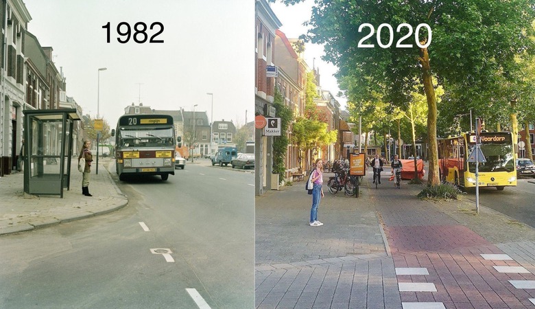 Một con đường ở TP. Utrecht (H&agrave; Lan) cũng bị thu hẹp lại, trồng th&ecirc;m nhiều c&acirc;y xanh v&agrave; d&agrave;nh đường cho người đi bộ, xe đạp.