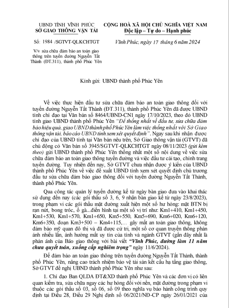 Sở GTVT Vĩnh Ph&uacute;c y&ecirc;u cầu địa phương sớm sửa  đường Nguyễn Tất Th&agrave;nh- Ảnh 3.