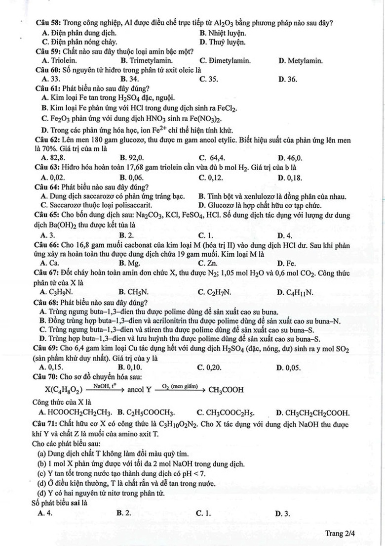 Đáp án đề thi môn Hóa học mã đề 222 tốt nghiệp THPT 2024- Ảnh 3. Đáp án đề thi môn Hóa học mã đề 222 tốt nghiệp THPT 2024- Ảnh 3.