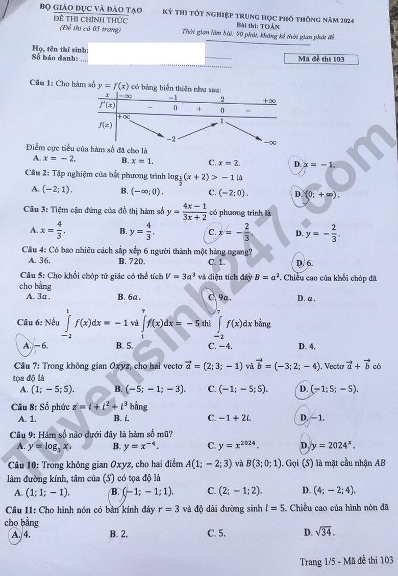 Đề thi m&ocirc;n To&aacute;n THPT 2024 tất cả 24 m&atilde; đề nhanh nhất- Ảnh 6.
