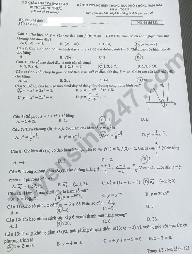 Đề thi m&ocirc;n To&aacute;n THPT 2024 tất cả 24 m&atilde; đề nhanh nhất- Ảnh 20.