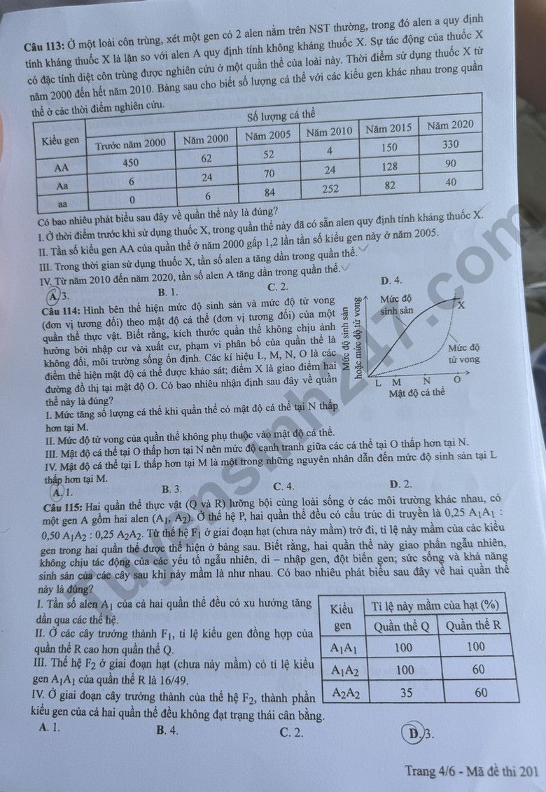 Đáp án đề thi môn Sinh học THPT 2024 tất cả mã đề- Ảnh 4. Đáp án đề thi môn Sinh học THPT 2024 tất cả mã đề- Ảnh 4.