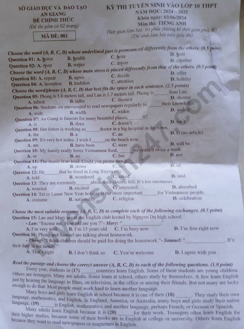 Đáp án đề thi tuyển sinh lớp 10 môn Tiếng Anh An Giang năm 2024- Ảnh 2. Đáp án đề thi tuyển sinh lớp 10 môn Tiếng Anh An Giang năm 2024- Ảnh 2.