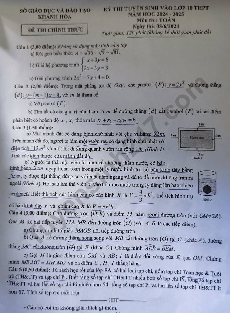 Đáp án đề thi tuyển sinh lớp 10 môn Toán Khánh Hòa năm 2024- Ảnh 2. Đáp án đề thi tuyển sinh lớp 10 môn Toán Khánh Hòa năm 2024- Ảnh 2.