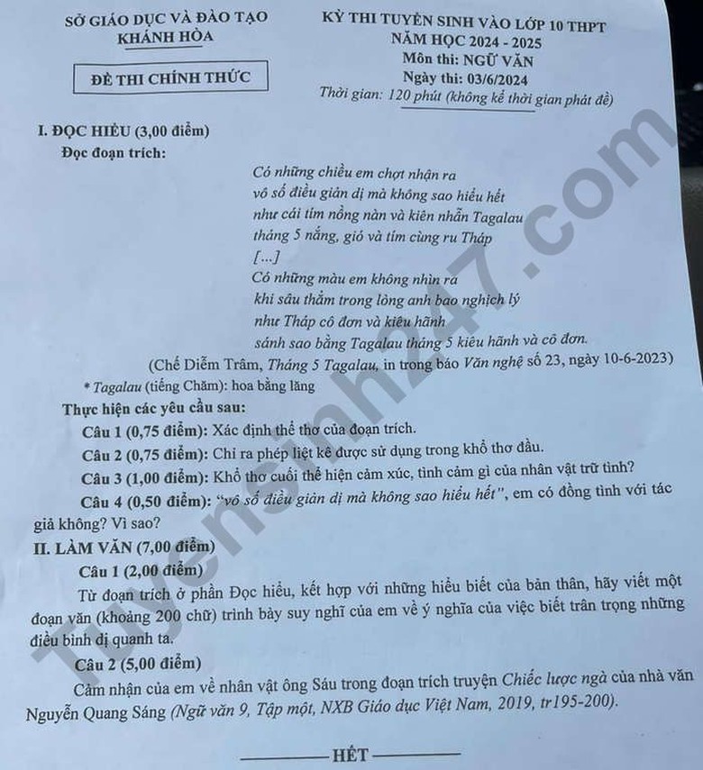Đ&aacute;p &aacute;n đề thi tuyển sinh lớp 10 m&ocirc;n Ngữ văn tỉnh Kh&aacute;nh H&ograve;a năm 2024- Ảnh 2.