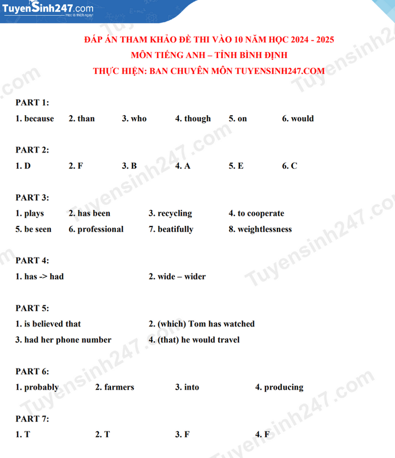Đ&aacute;p &aacute;n đề thi tuyển sinh lớp 10 m&ocirc;n Tiếng Anh B&igrave;nh Định năm 2024- Ảnh 3.