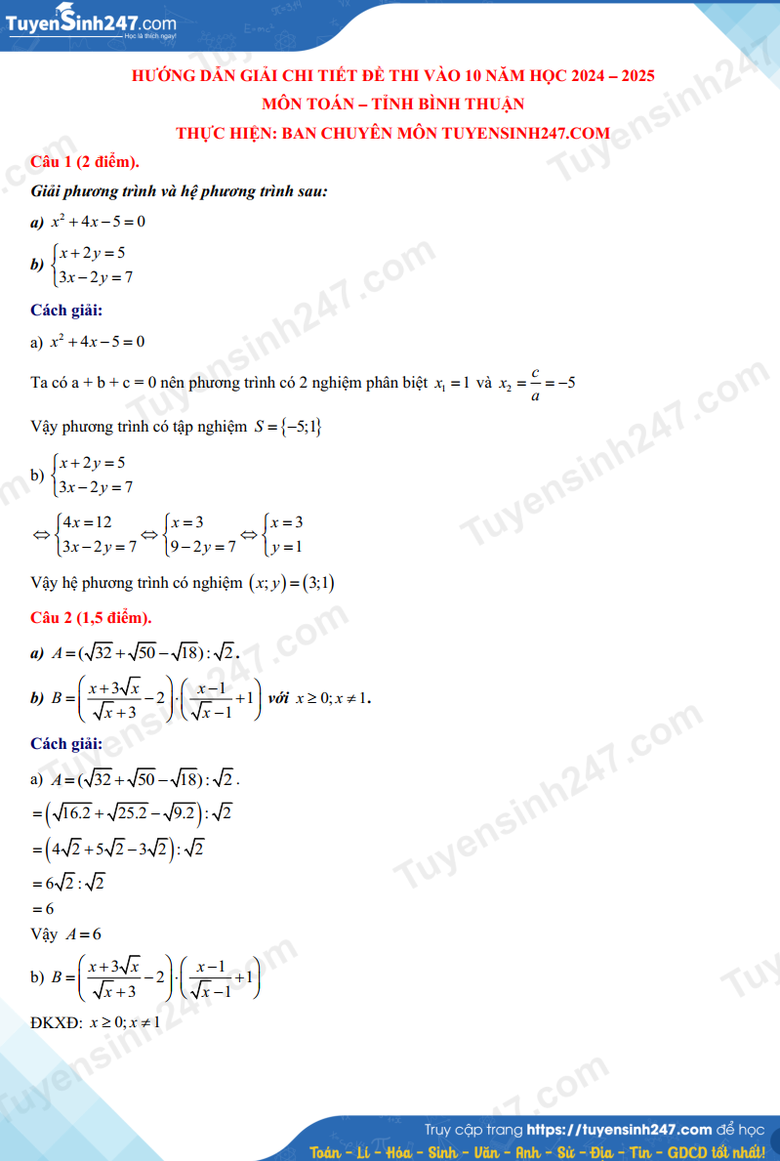 Đáp án đề thi tuyển sinh lớp 10 môn Toán Bình Thuận năm 2024- Ảnh 3. Đáp án đề thi tuyển sinh lớp 10 môn Toán Bình Thuận năm 2024- Ảnh 3.