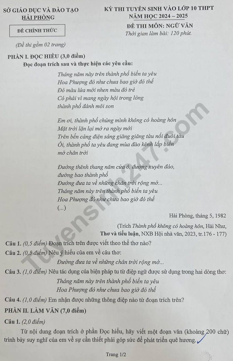 Đáp án đề thi tuyển sinh lớp 10 môn Ngữ văn Hải Phòng năm 2024- Ảnh 2. Đáp án đề thi tuyển sinh lớp 10 môn Ngữ văn Hải Phòng năm 2024- Ảnh 2.
