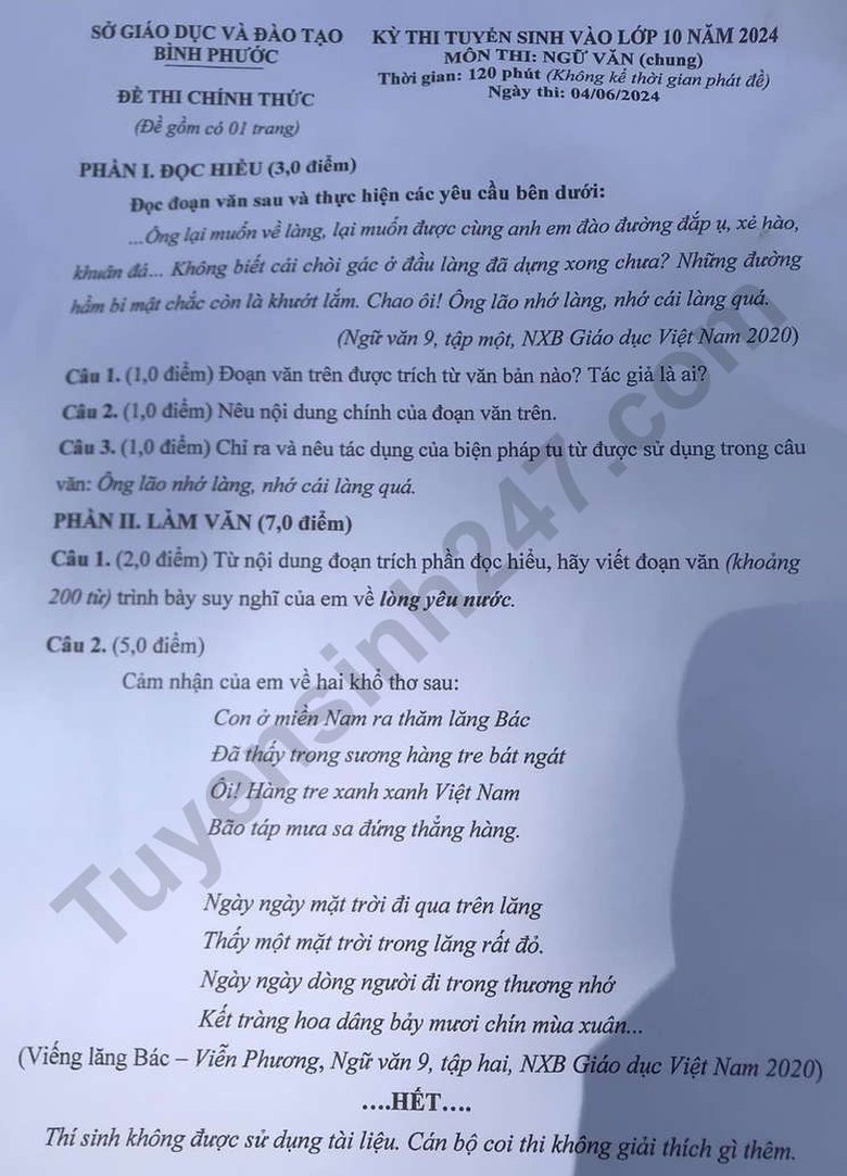 Đáp án đề thi tuyển sinh lớp 10 môn Ngữ văn Bình Phước năm 2024- Ảnh 2. Đáp án đề thi tuyển sinh lớp 10 môn Ngữ văn Bình Phước năm 2024- Ảnh 2.
