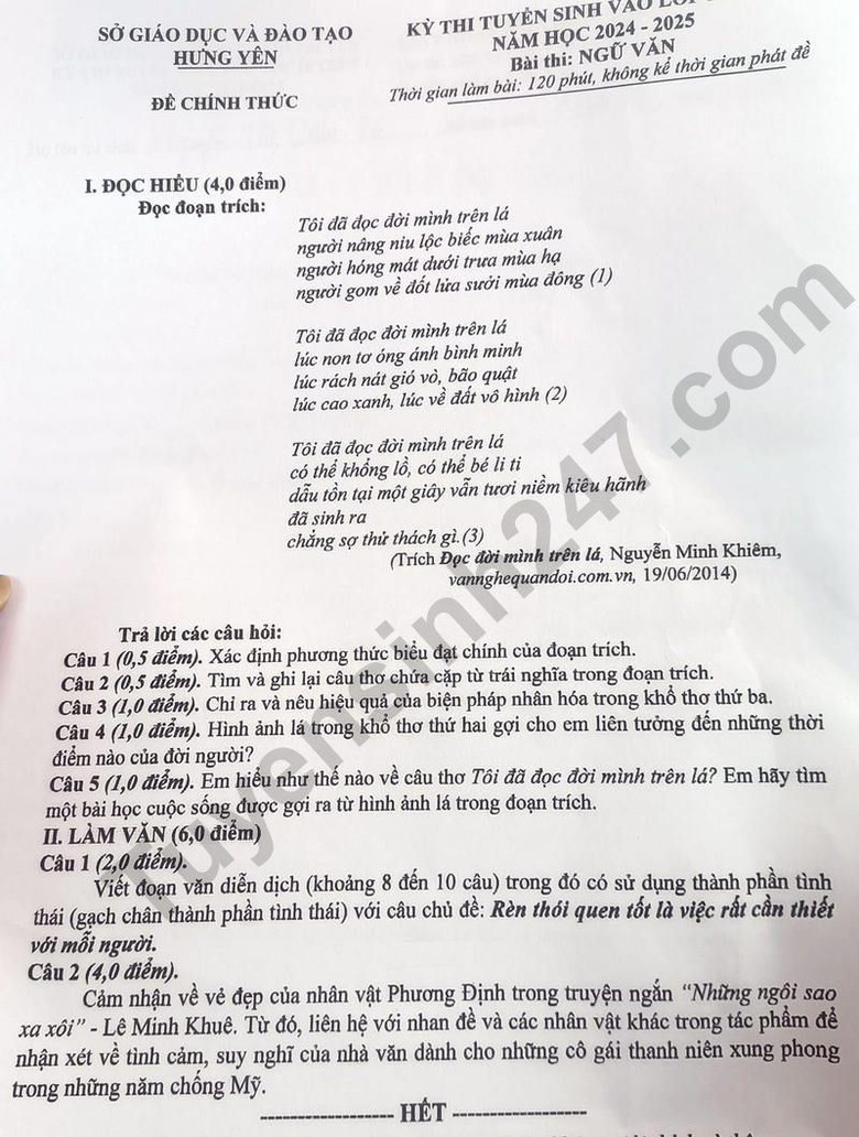 Đáp án đề thi tuyển sinh lớp 10 môn Ngữ văn Hưng Yên năm 2024- Ảnh 2. Đáp án đề thi tuyển sinh lớp 10 môn Ngữ văn Hưng Yên năm 2024- Ảnh 2.