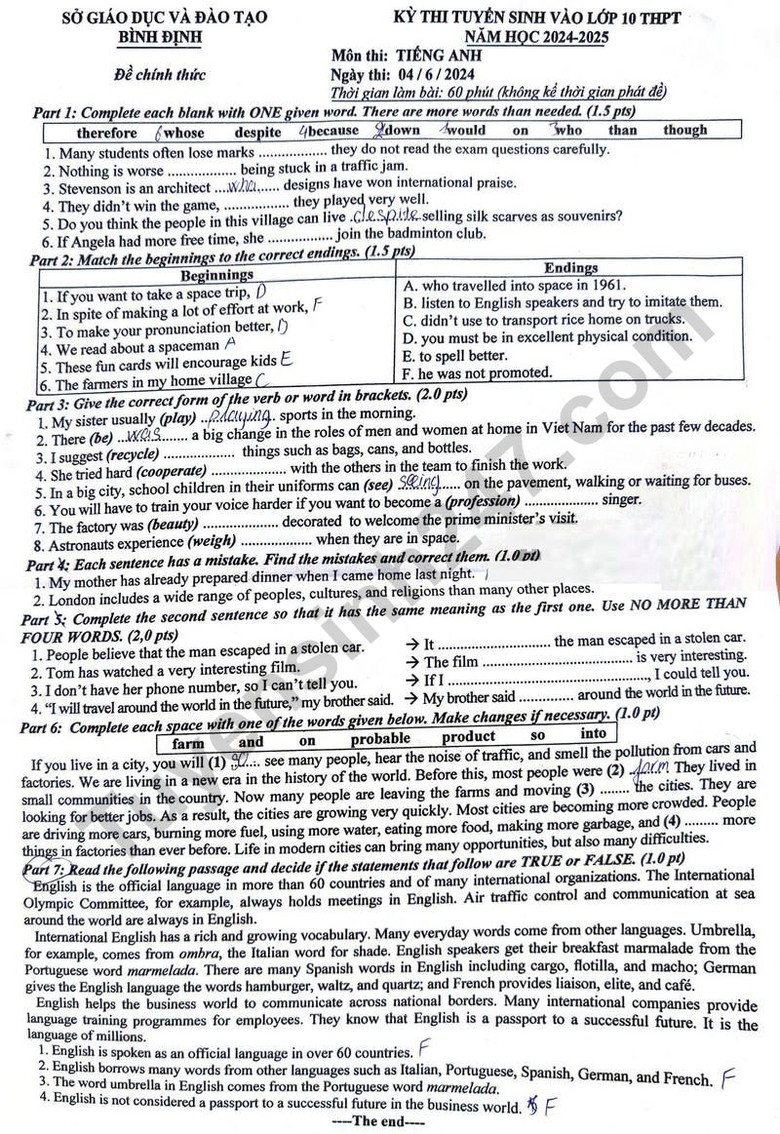 Đ&aacute;p &aacute;n đề thi tuyển sinh lớp 10 m&ocirc;n Tiếng Anh B&igrave;nh Định năm 2024- Ảnh 2.