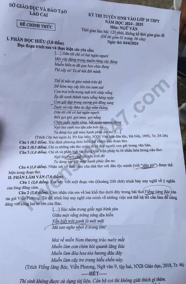 Đ&aacute;p &aacute;n đề thi tuyển sinh lớp 10 m&ocirc;n Ngữ văn L&agrave;o Cai năm 2024- Ảnh 2.