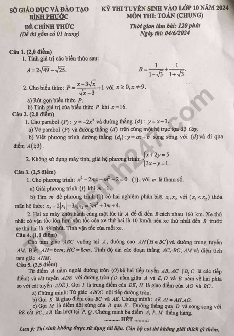 Đ&aacute;p &aacute;n đề thi tuyển sinh lớp 10 m&ocirc;n To&aacute;n B&igrave;nh Phước năm 2024- Ảnh 2.