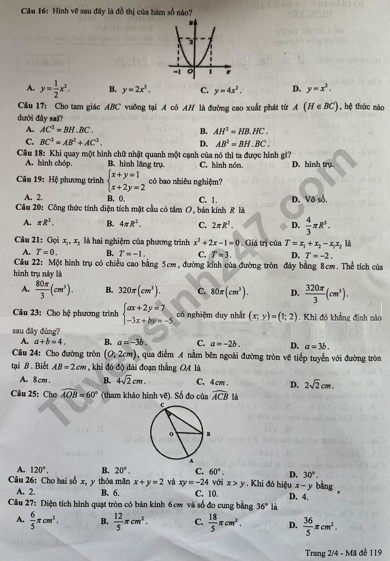 Đ&aacute;p &aacute;n đề thi tuyển sinh lớp 10 m&ocirc;n To&aacute;n Hưng Y&ecirc;n năm 2024- Ảnh 3.