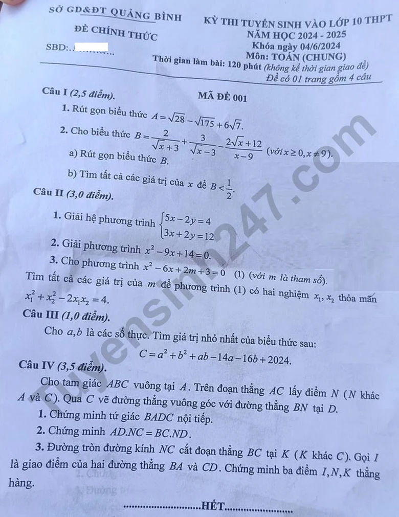 Đ&aacute;p &aacute;n đề thi tuyển sinh lớp 10 m&ocirc;n To&aacute;n Quảng B&igrave;nh năm 2024- Ảnh 2.