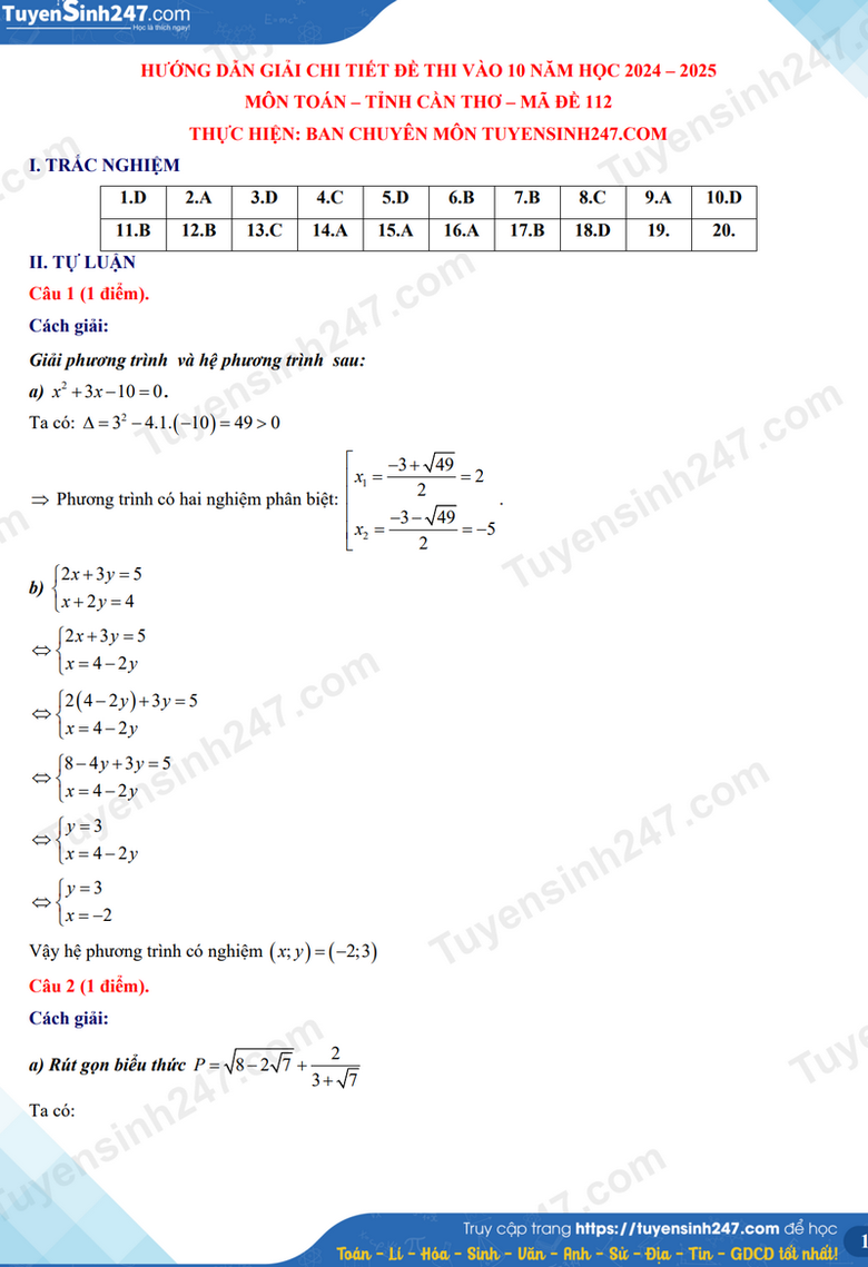 Đáp án đề thi tuyển sinh lớp 10 môn Toán Cần Thơ năm 2024- Ảnh 6. Đáp án đề thi tuyển sinh lớp 10 môn Toán Cần Thơ năm 2024- Ảnh 6.