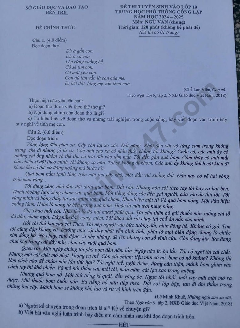 Đ&aacute;p &aacute;n đề thi tuyển sinh lớp 10 m&ocirc;n Ngữ văn Bến Tre năm 2024- Ảnh 2.