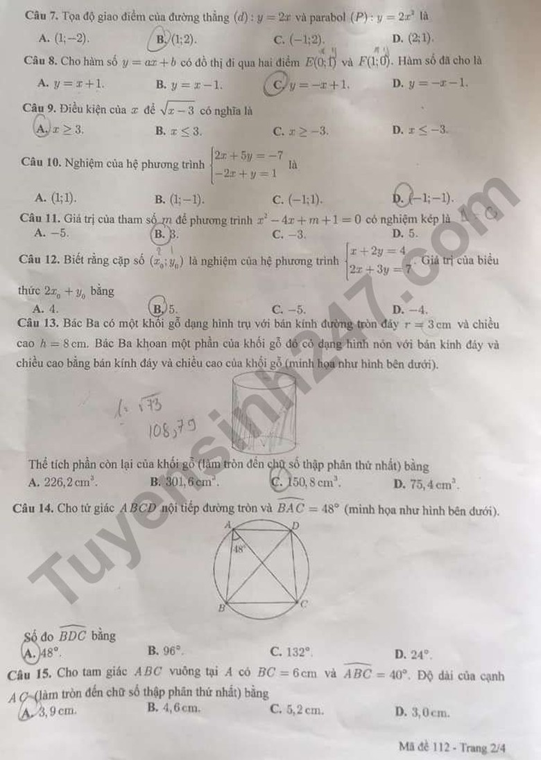 Đáp án đề thi tuyển sinh lớp 10 môn Toán Cần Thơ năm 2024- Ảnh 3. Đáp án đề thi tuyển sinh lớp 10 môn Toán Cần Thơ năm 2024- Ảnh 3.
