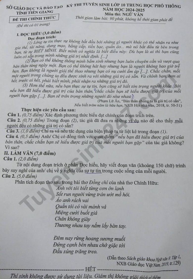 Đ&aacute;p &aacute;n đề thi tuyển sinh lớp 10 m&ocirc;n Ngữ văn Tiền Giang năm 2024- Ảnh 2.