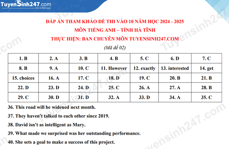 Đ&aacute;p &aacute;n đề thi tuyển sinh lớp 10 m&ocirc;n Tiếng Anh H&agrave; Tĩnh năm 2024- Ảnh 3.