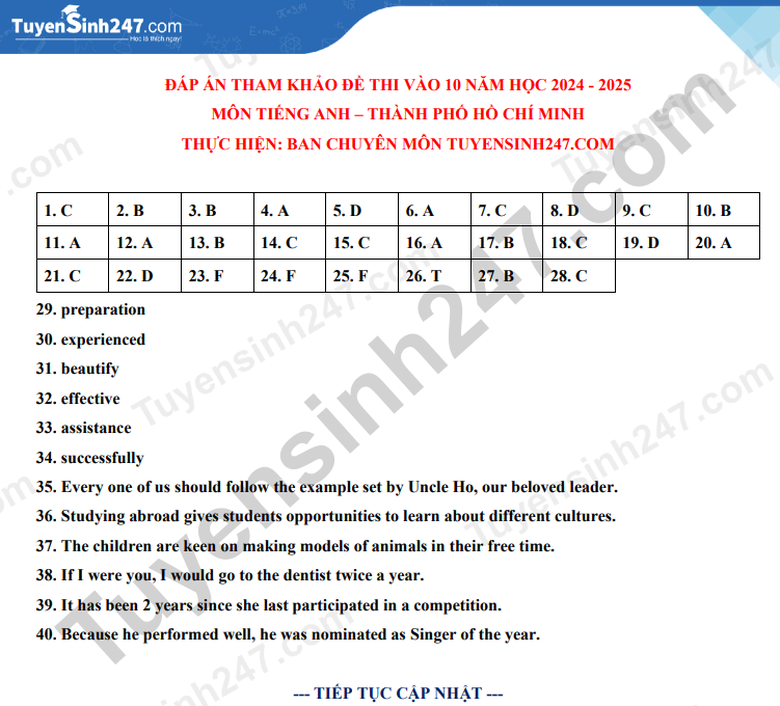 Đ&aacute;p &aacute;n đề thi tuyển sinh lớp 10 m&ocirc;n Tiếng Anh TP.HCM năm 2024- Ảnh 2.