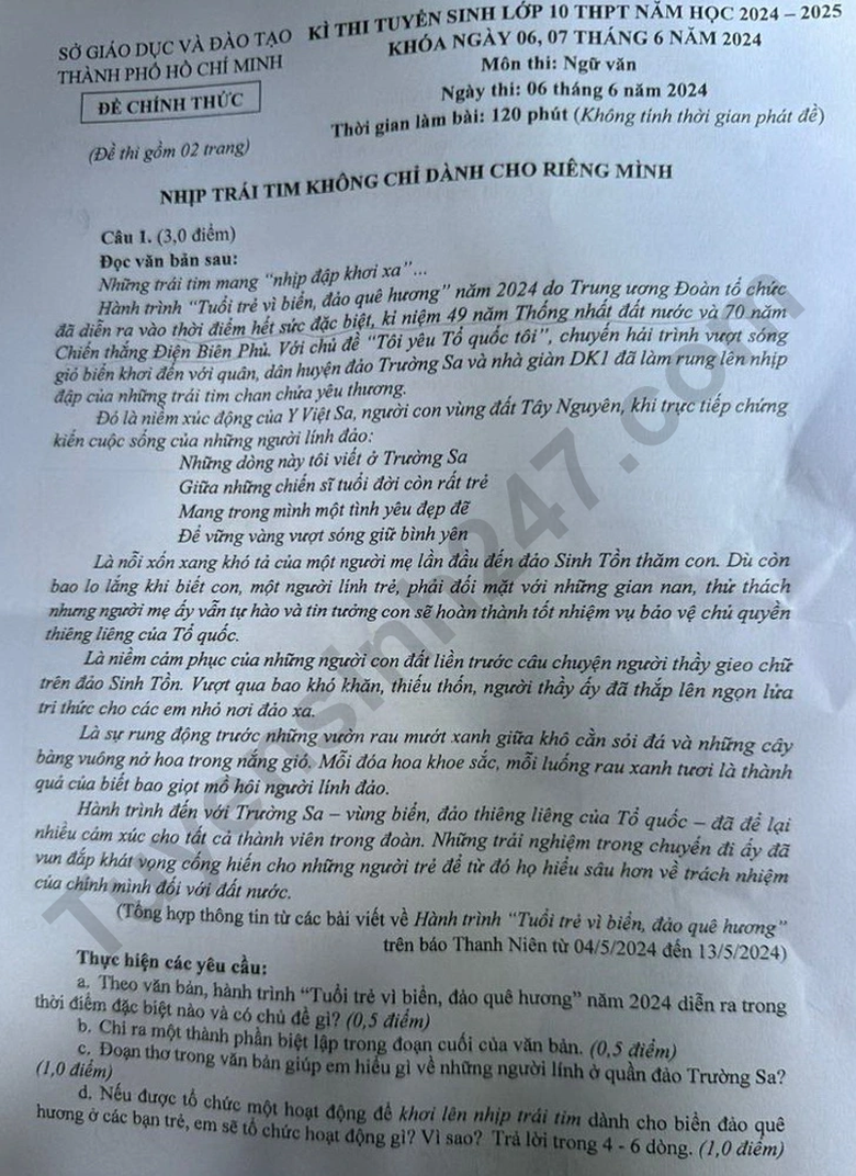 Đ&aacute;p &aacute;n đề thi tuyển sinh lớp 10 m&ocirc;n Ngữ văn TP.HCM năm 2024- Ảnh 1.