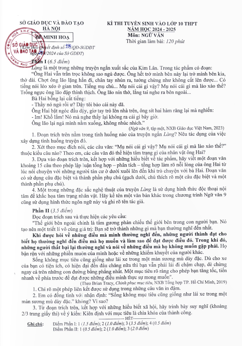 Đề minh họa m&ocirc;n Ngữ văn năm 2024 do Sở GD&ĐT H&agrave; Nội c&ocirc;ng bố.