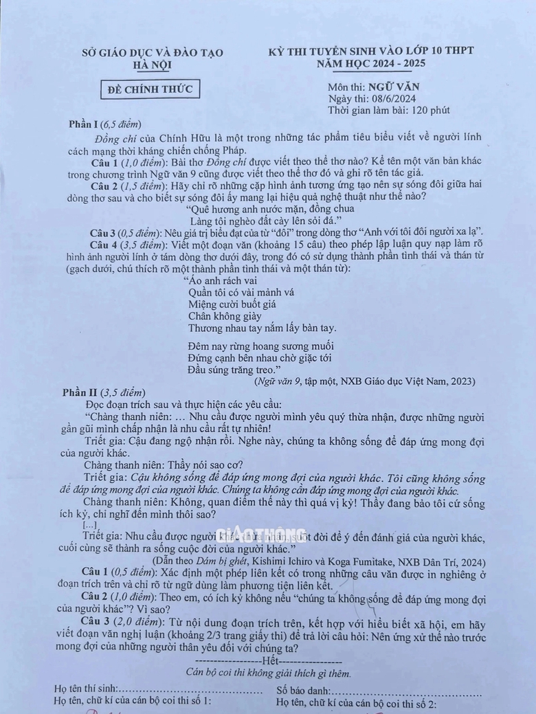 Đ&aacute;p &aacute;n đề thi tuyển sinh lớp 10 m&ocirc;n Ngữ văn H&agrave; Nội năm 2024- Ảnh 6.