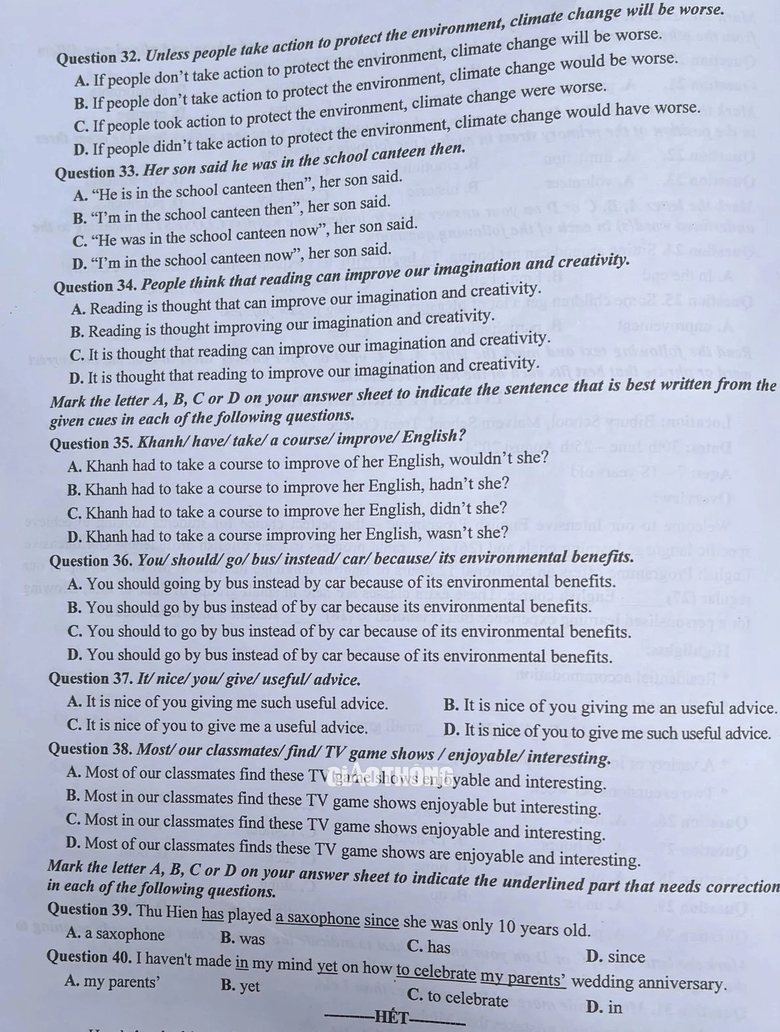 Đ&aacute;p &aacute;n đề thi tuyển sinh lớp 10 m&ocirc;n Tiếng Anh H&agrave; Nội năm 2024- Ảnh 29.
