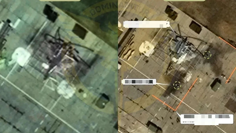 Cơ quan t&igrave;nh b&aacute;o GUR của Ukraine c&ocirc;ng bố bức ảnh được cho l&agrave; chụp v&agrave;o thời điểm trước v&agrave; sau khi m&aacute;y bay Su-57 của Nga bị tấn c&ocirc;ng. (Ảnh: GUR)