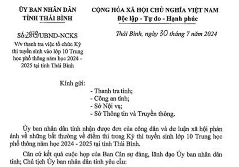 Bất thường điểm thi lớp 10 ở Th&aacute;i B&igrave;nh: Xem x&eacute;t tạm đ&igrave;nh chỉ c&ocirc;ng t&aacute;c Gi&aacute;m đốc Sở GD&ĐT- Ảnh 1.