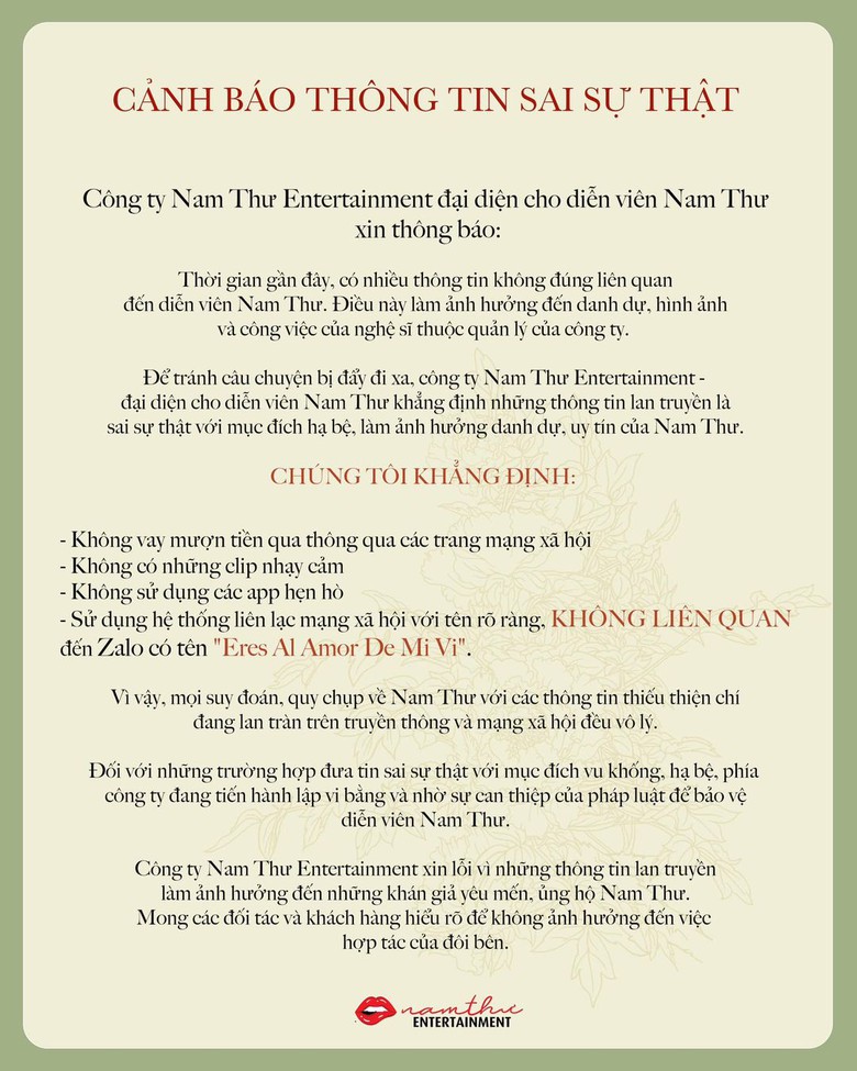 Đại diện Nam Thư phủ nhận tin đồn giật chồng, lộ clip nhạy cảm- Ảnh 2. Đại diện Nam Thư phủ nhận tin đồn giật chồng, lộ clip nhạy cảm- Ảnh 2.