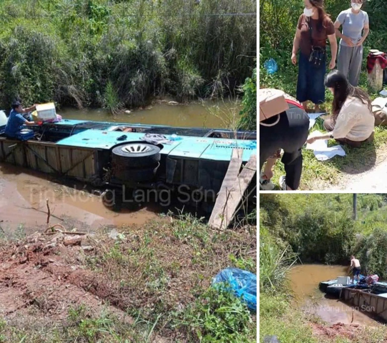 Xe kh&aacute;ch lao xuống mương nước sau va chạm với xe container ở Lạng Sơn- Ảnh 1.