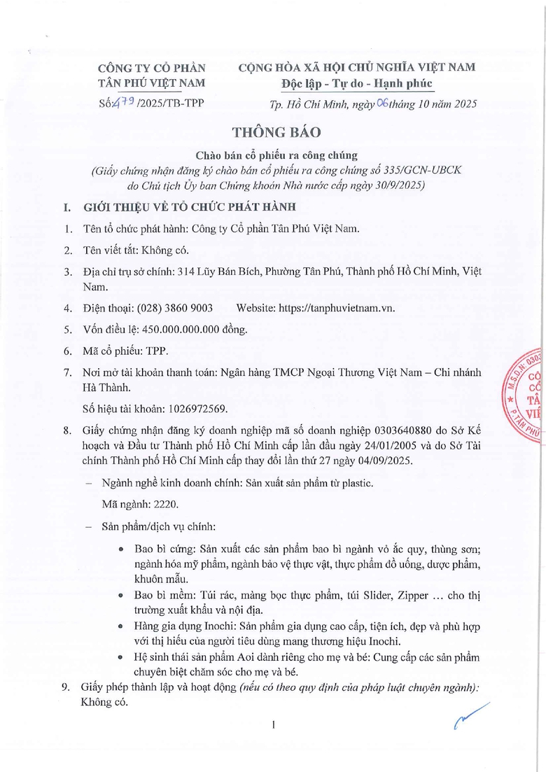 C&ocirc;ng ty Cổ phần T&acirc;n Ph&uacute; Việt Nam (TPP): Th&ocirc;ng b&aacute;o ch&agrave;o b&aacute;n cổ phiếu ra c&ocirc;ng ch&uacute;ng (Kỳ 1)- Ảnh 1.