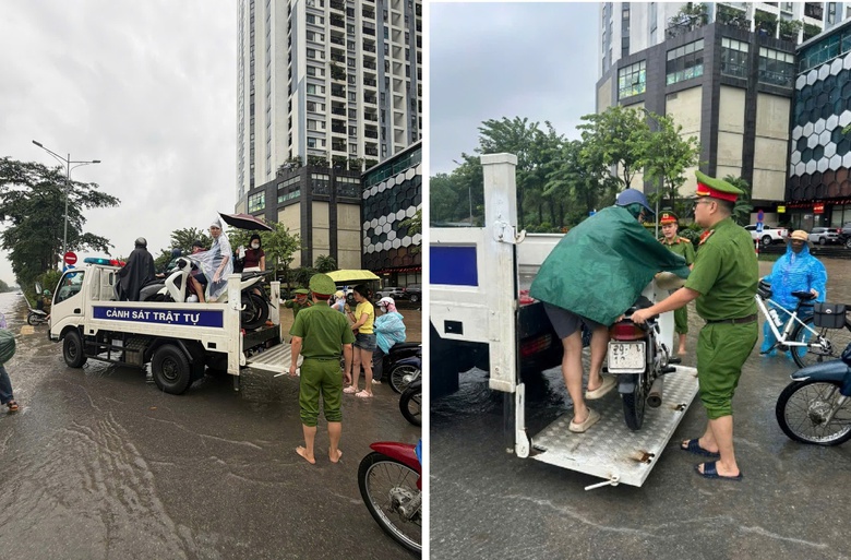 C&ocirc;ng an H&agrave; Nội dầm mưa ph&acirc;n luồng, hỗ trợ người d&acirc;n qua v&ugrave;ng ngập- Ảnh 10.