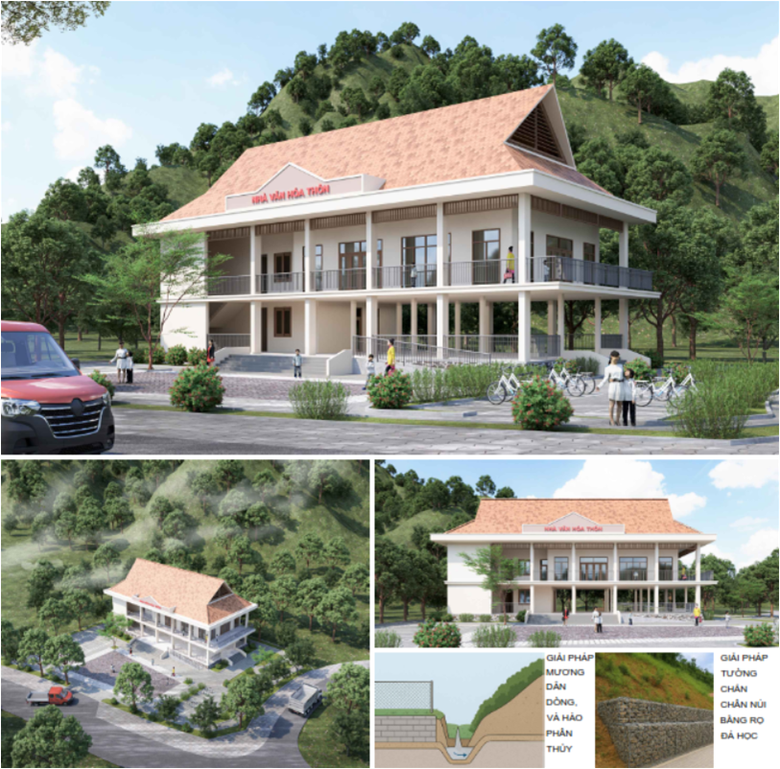 Một mẫu thiết kế nh&agrave; văn h&oacute;a th&ocirc;n kết hợp điểm tr&aacute;nh tr&uacute; thi&ecirc;n tai cho khu vực miền n&uacute;i Bắc Trung bộ, quy m&ocirc; 100 chỗ.