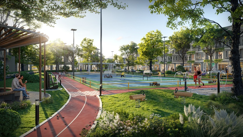 A park with a swimming pool and a walkway  Description automatically generated