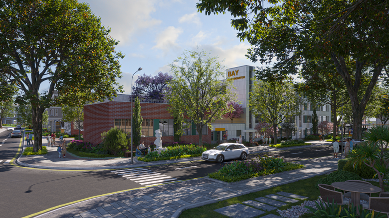 A street with trees and a building  Description automatically generated