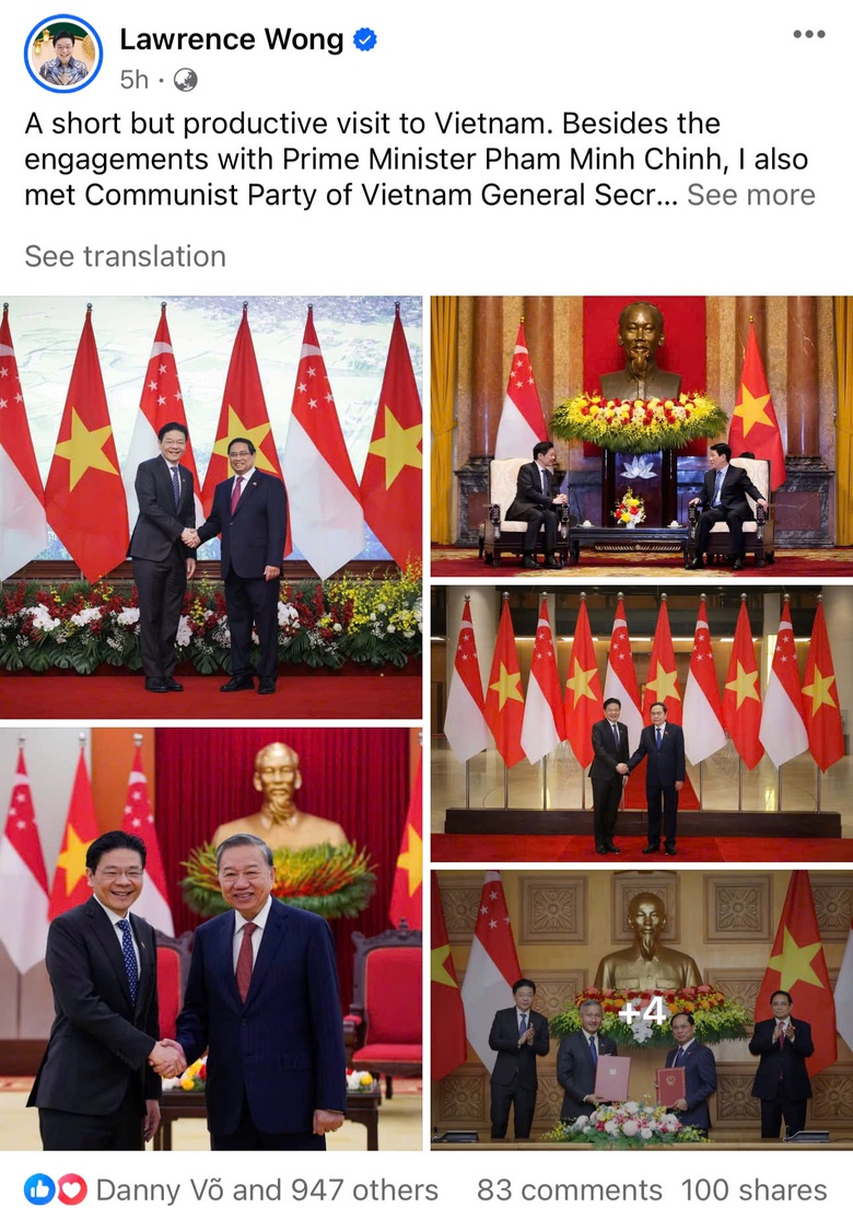 Thủ tướng Lawrence Wong d&ugrave;ng nhạc See T&igrave;nh, Bắc Bling khi chia sẻ về chuyến thăm Việt Nam- Ảnh 1.