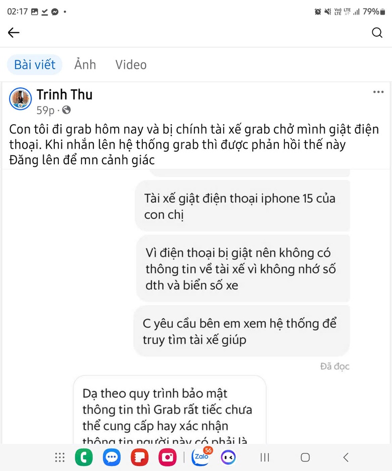 Khách hàng phản ánh bị chính tài xế công nghệ chở mình giật mất điện thoại- Ảnh 1. Khách hàng phản ánh bị chính tài xế công nghệ chở mình giật mất điện thoại- Ảnh 1.